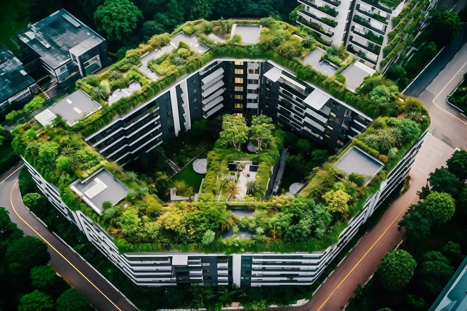 City view with apartment buildings and greenery