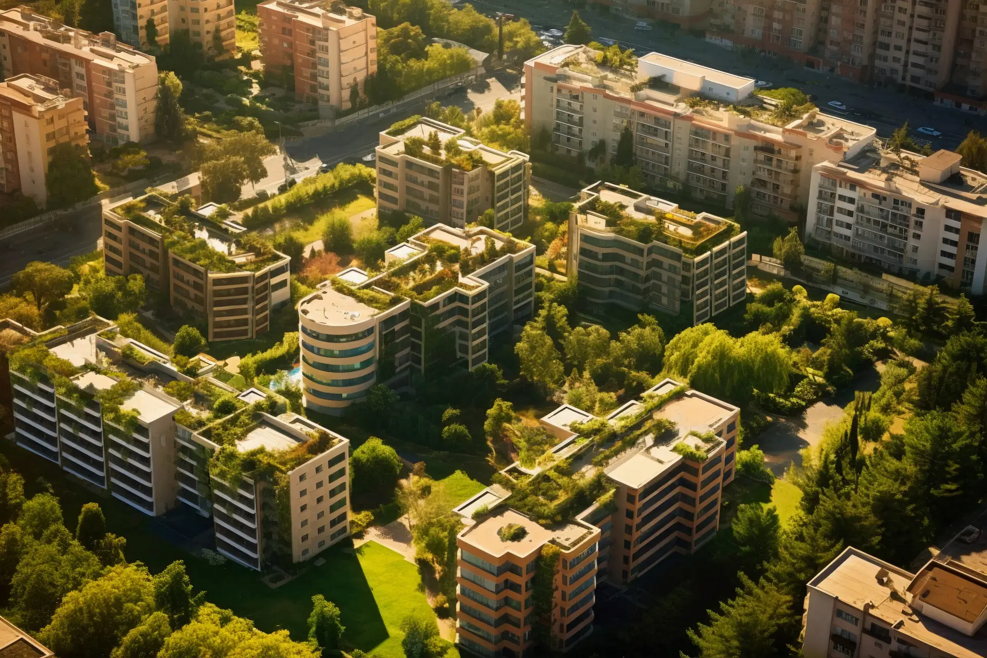 City view with apartment buildings and greenery